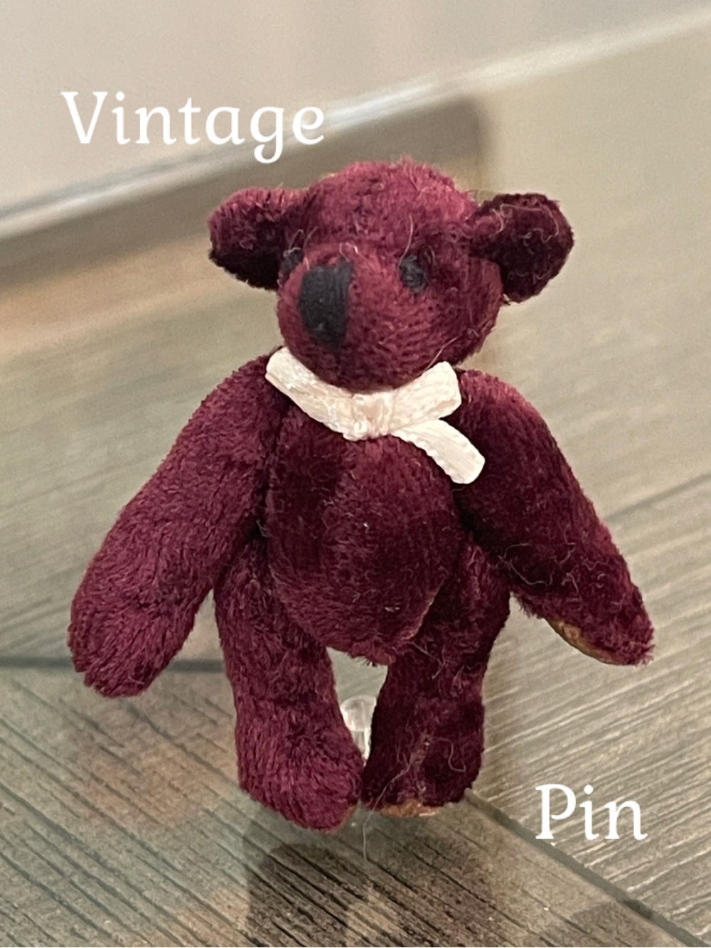 Vintage Maroon Velvet Plush Jointed Teddy Bear Brooch / Pin